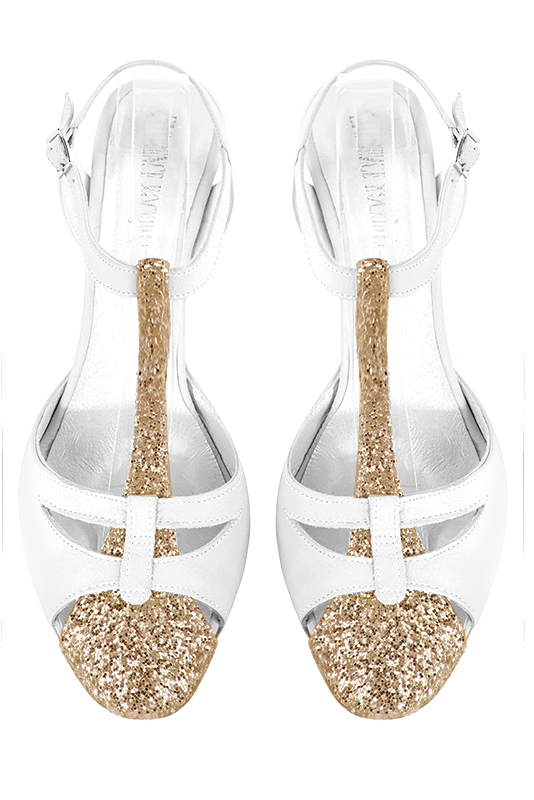 Gold and pure white women's open back T-strap shoes. Round toe. High slim heel. Top view - Florence KOOIJMAN